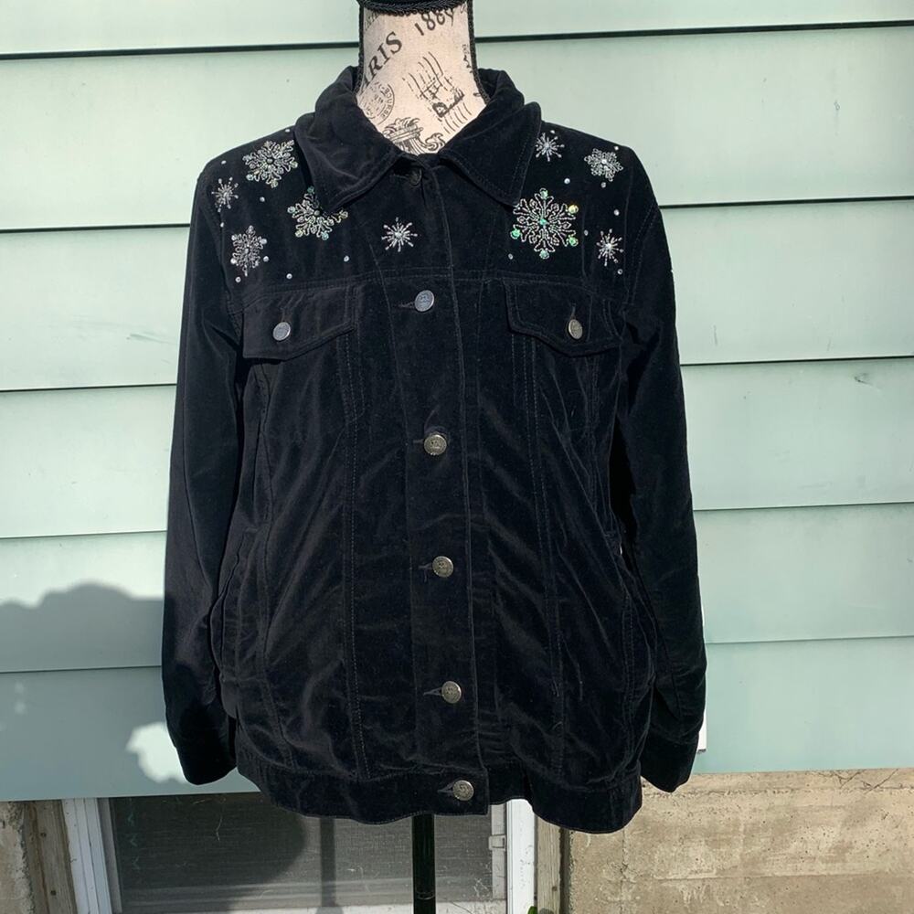 Vintage Capture The Magic snowman snowflake velvet soft black button up jacket